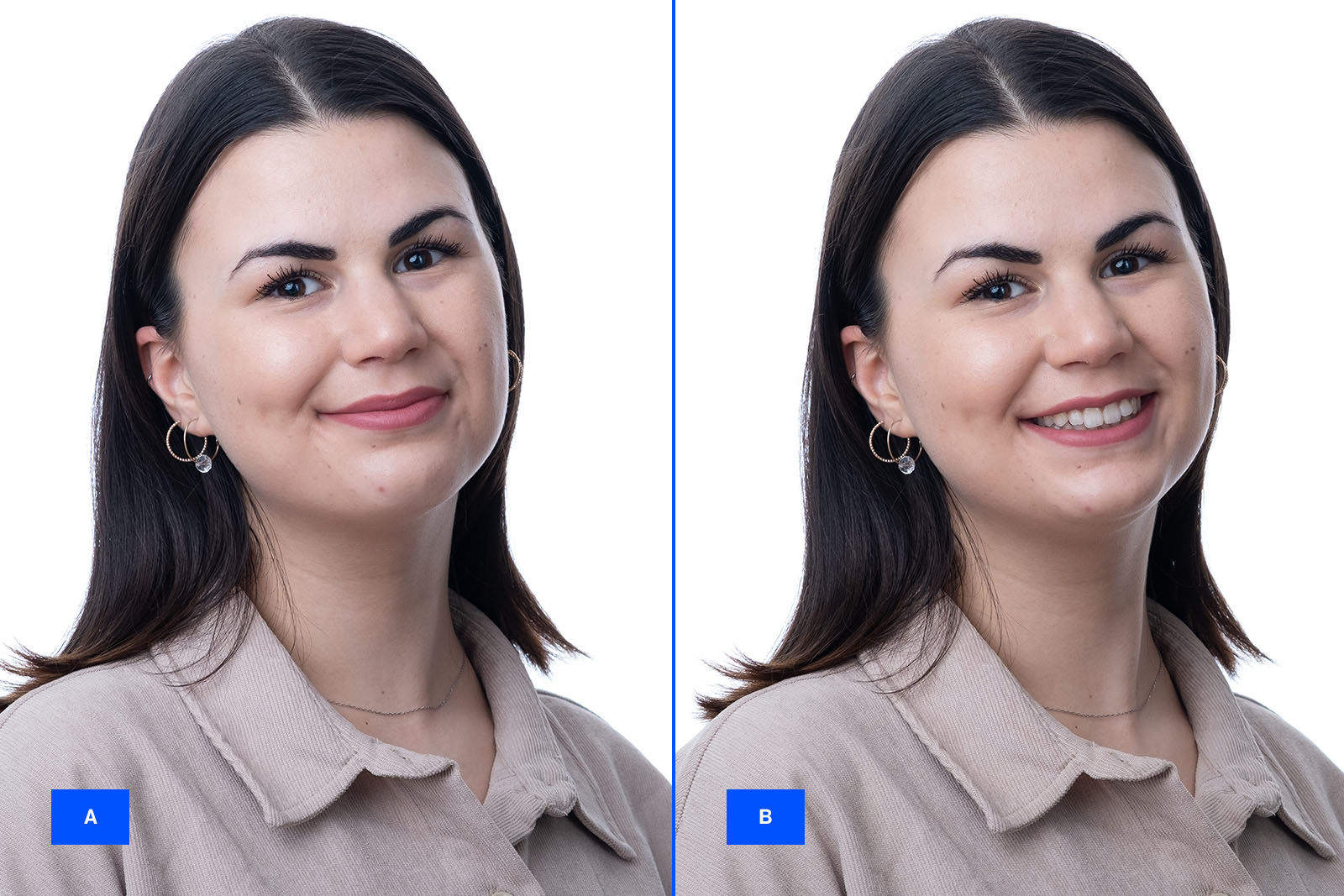 Vergleichsbild einer jungen Frau, links sieht ihr Lächeln etwas angespannt aus, rechts sieht man ein entspannt authentisches Lächeln, das die Zähne zeigt